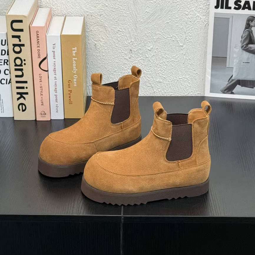 Leather Sueded Round Toe Platform Flat Sole Warm Plush Elastic Boots