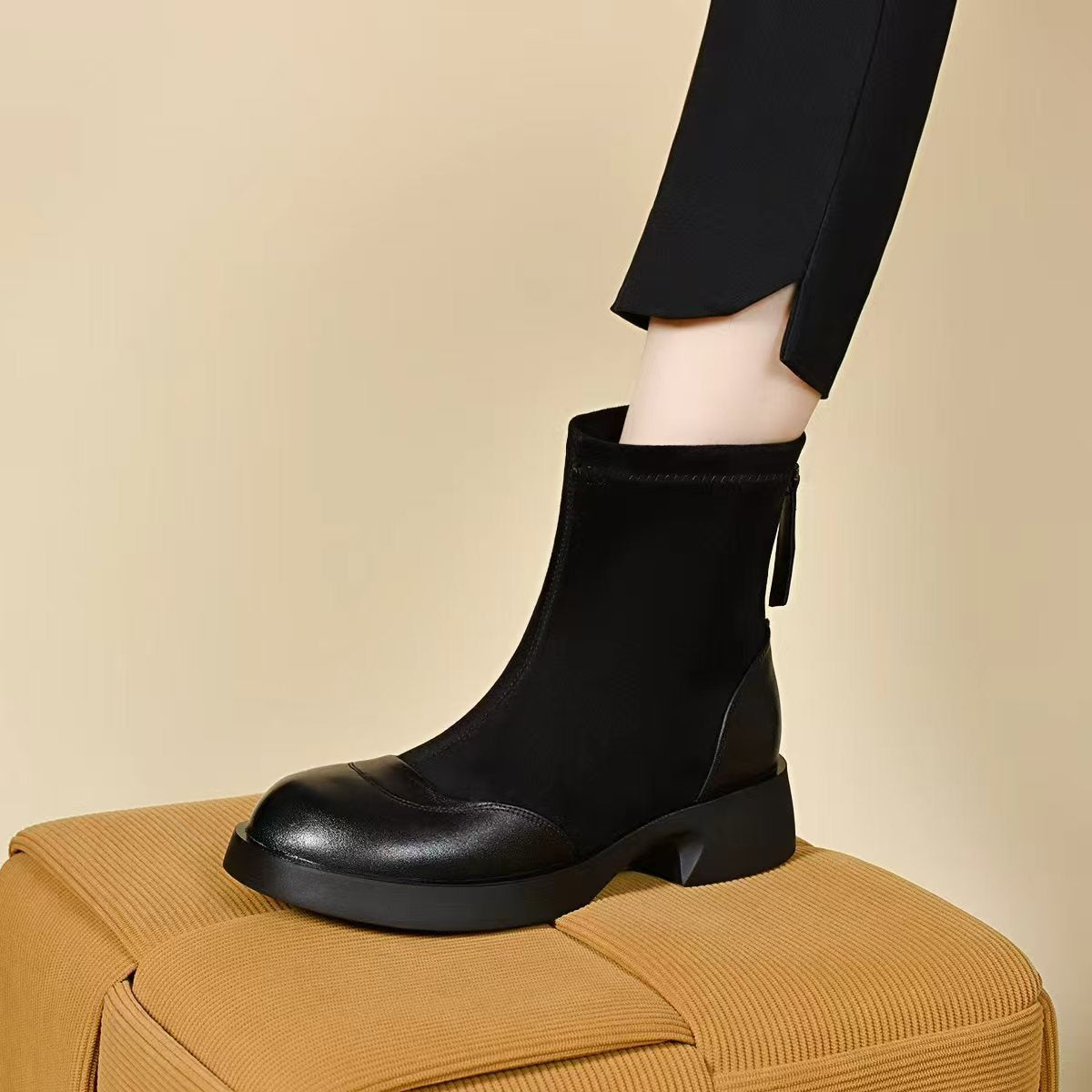 Retro Classic Leather Sueded Patchwork Round Toe Zipper Middle Boots
