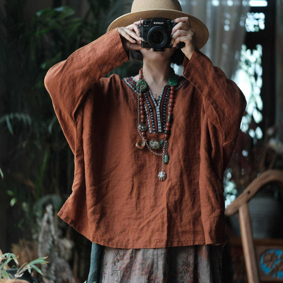 Orange Retro Linen Embroidered V-Neck Plus Size Pullover