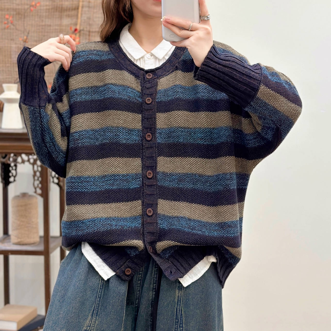 Colorful Cotton Striped Round Neck Single Breasted Cardigan