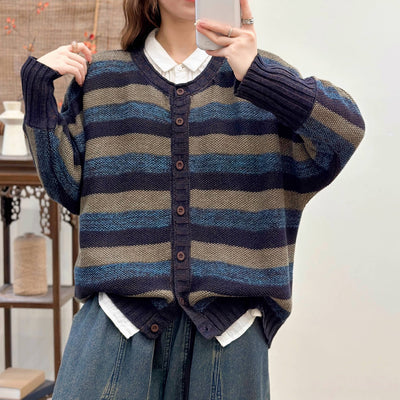 Colorful Cotton Striped Round Neck Single Breasted Cardigan