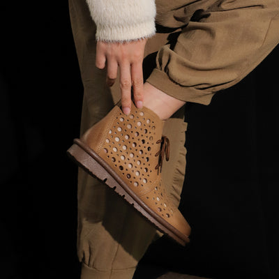 Retro Leather Hollow Breathable Closed Toe Lace-Up Boots