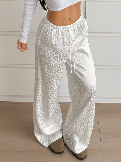 Elastic Waist Lace-Up White Leopord Satin Pants