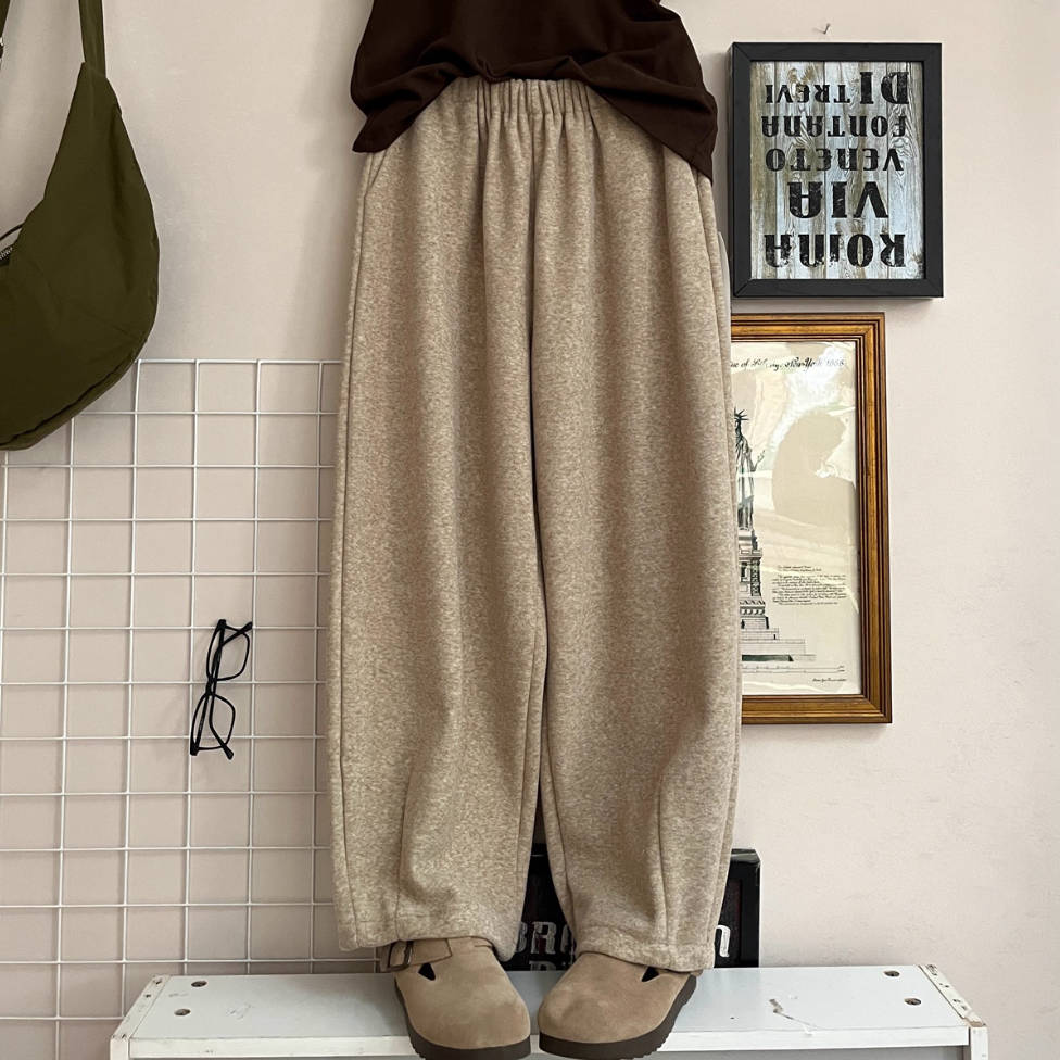 Retro Simple Wool Cotton Warm Elastic Waist Casual Pants