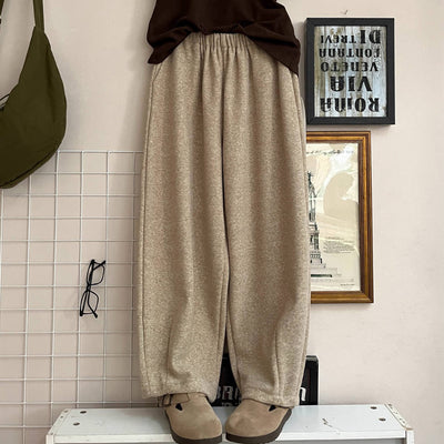Retro Simple Wool Cotton Warm Elastic Waist Casual Pants
