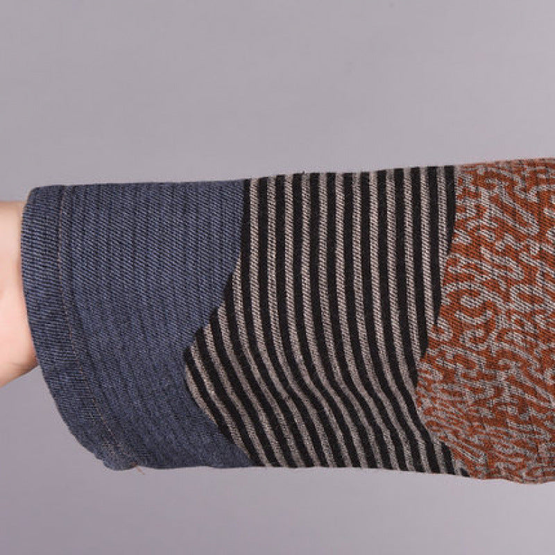 Autumn Cotton Linen Round Neck Loose Patchwork Casual A-Line Dress