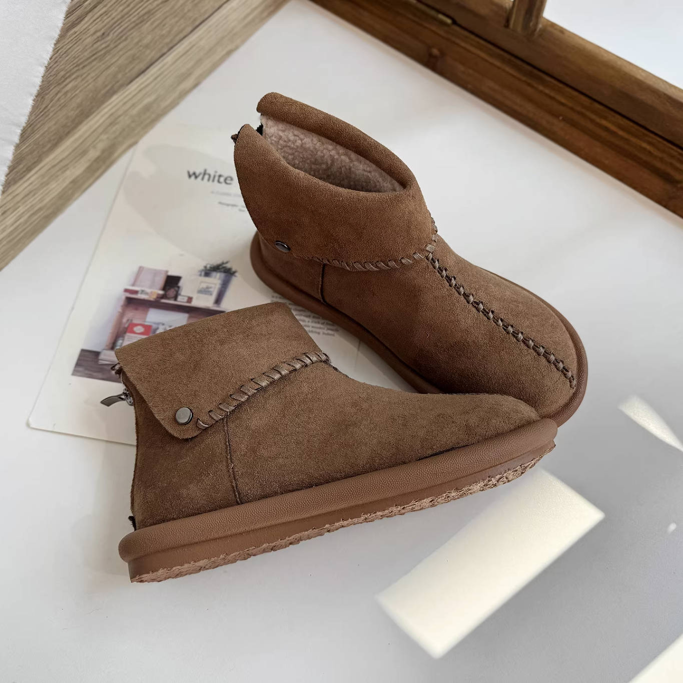 Winter Warm Leather Sueded Cuff Soft Sole Fleece-Lined Ankle Boots