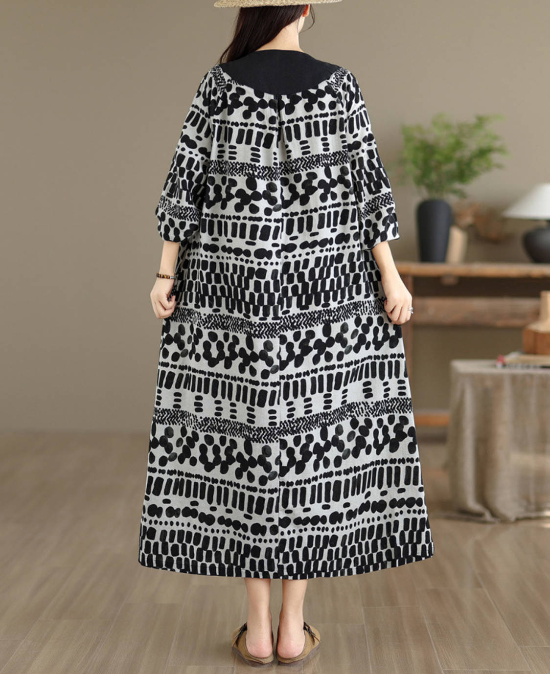 Floral Print Linen Patchwork Round Neck Elegant Loose Fit Dress