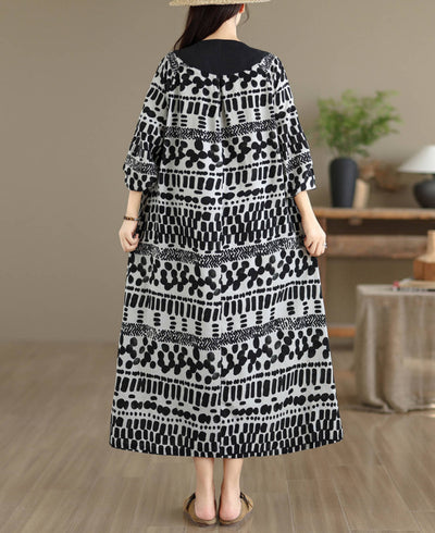 Floral Print Linen Patchwork Round Neck Elegant Loose Fit Dress