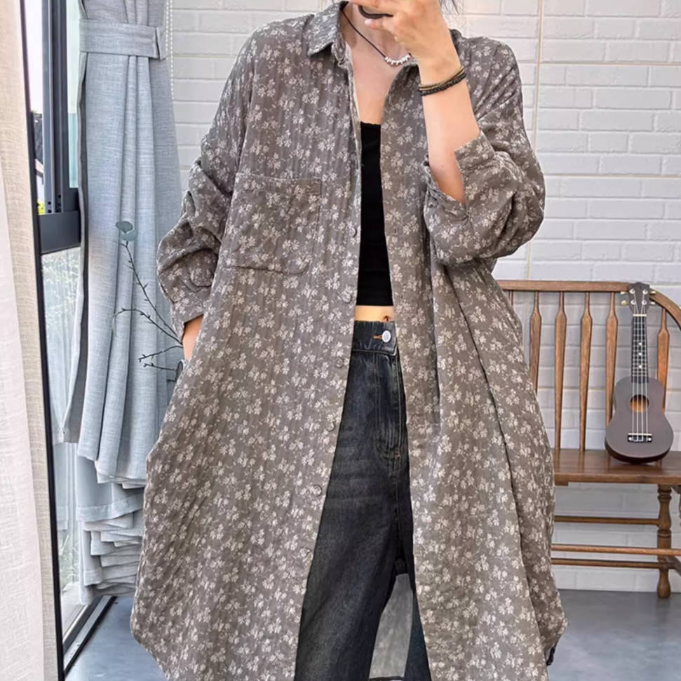 Cotton Floral Printed Plus Size Loose Long Shirt Outwear