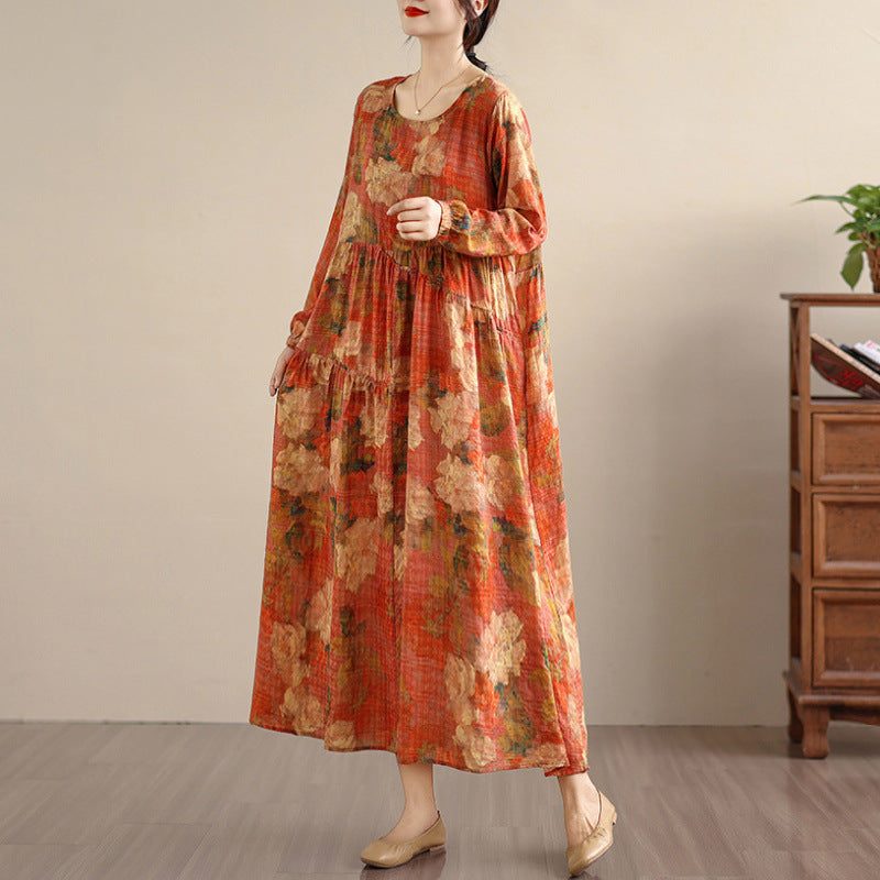 Bohemian Print Linen Maxi Long Sleeve Flowy Dress