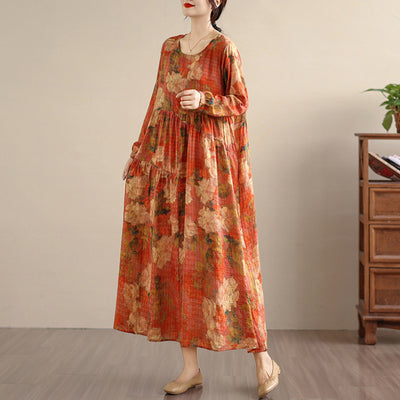 Bohemian Print Linen Maxi Long Sleeve Flowy Dress