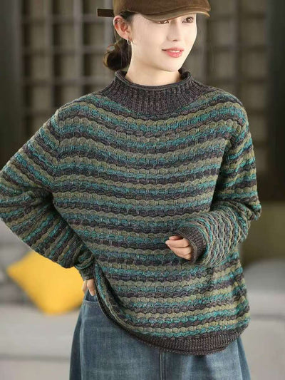 Winter Cotton Retro Striped High Neck Plus Size Sweater