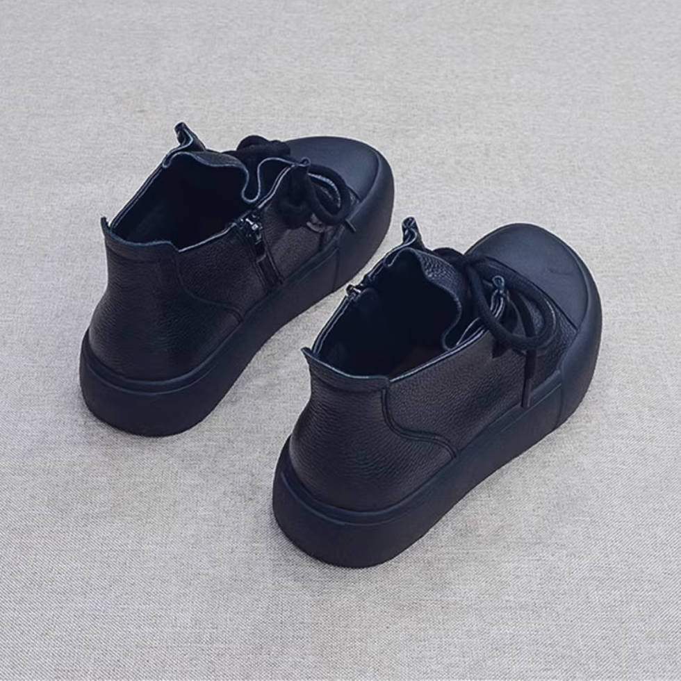 Retro Leather Patchwork Wide Toe Lace-Up Zipper Ankle Boots