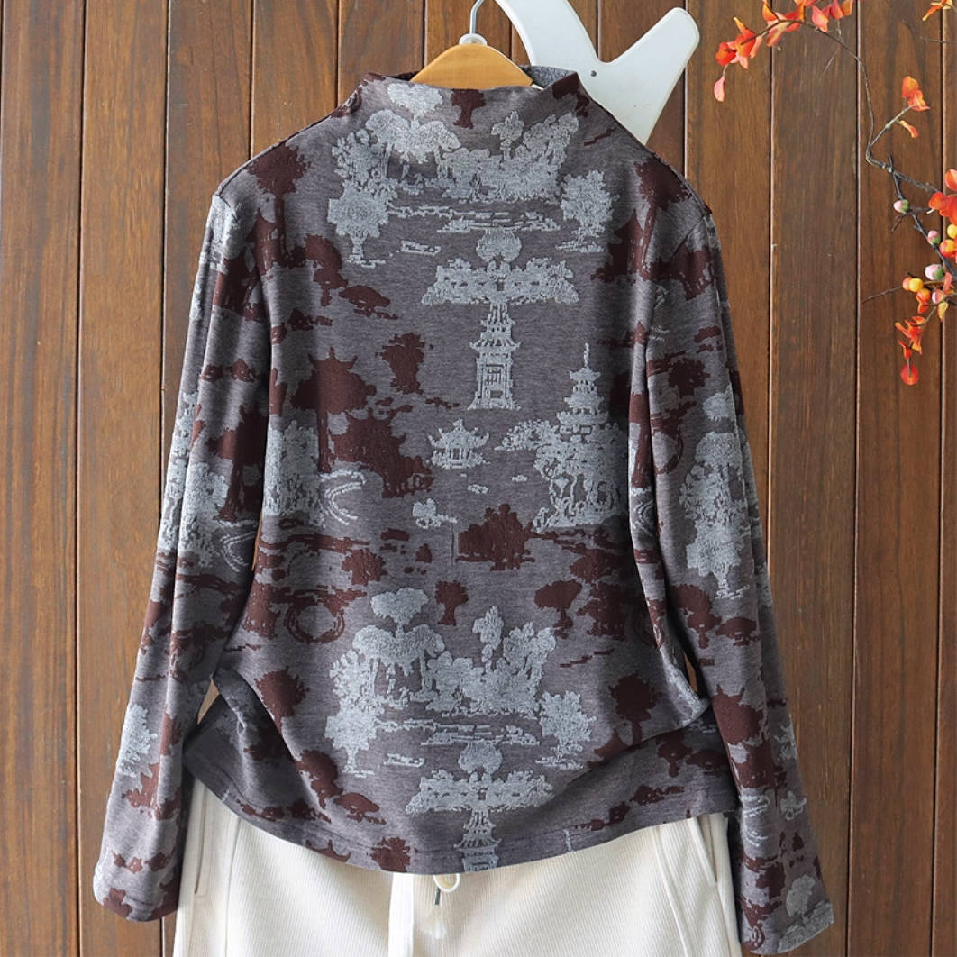 Women Cotton Jacquard High Neck Long Sleeves Plush Pullover
