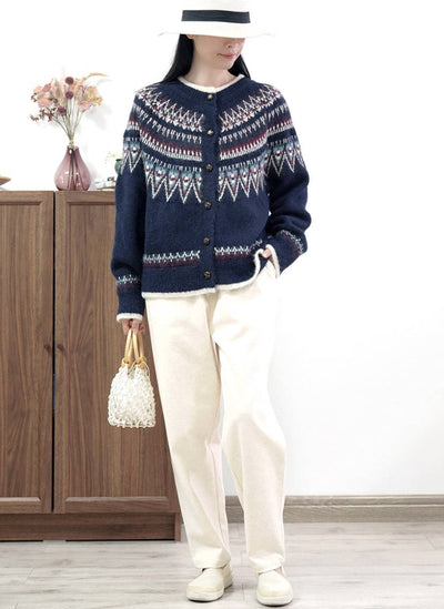 Winter Retro Blue Warm Round Neck Jacquard Knitted Loose Sweater