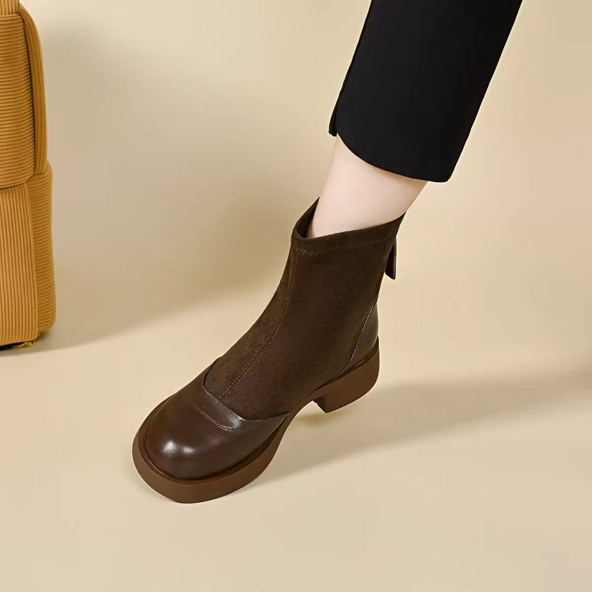 Retro Classic Leather Sueded Patchwork Round Toe Zipper Middle Boots