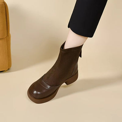 Retro Classic Leather Sueded Patchwork Round Toe Zipper Middle Boots
