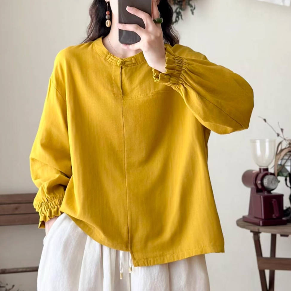 Autumn Retro Cotton Stand Collar Puff Sleeve Shirt