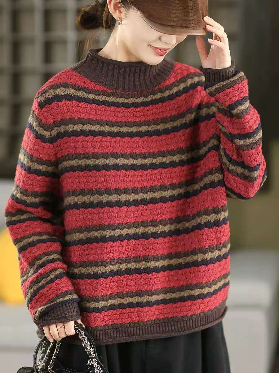 Winter Cotton Retro Striped High Neck Plus Size Sweater