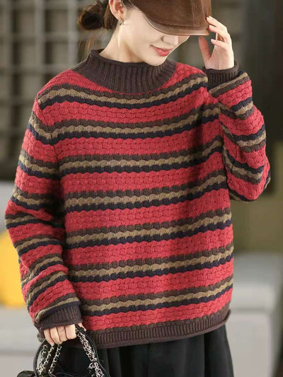 Winter Cotton Retro Striped High Neck Plus Size Sweater