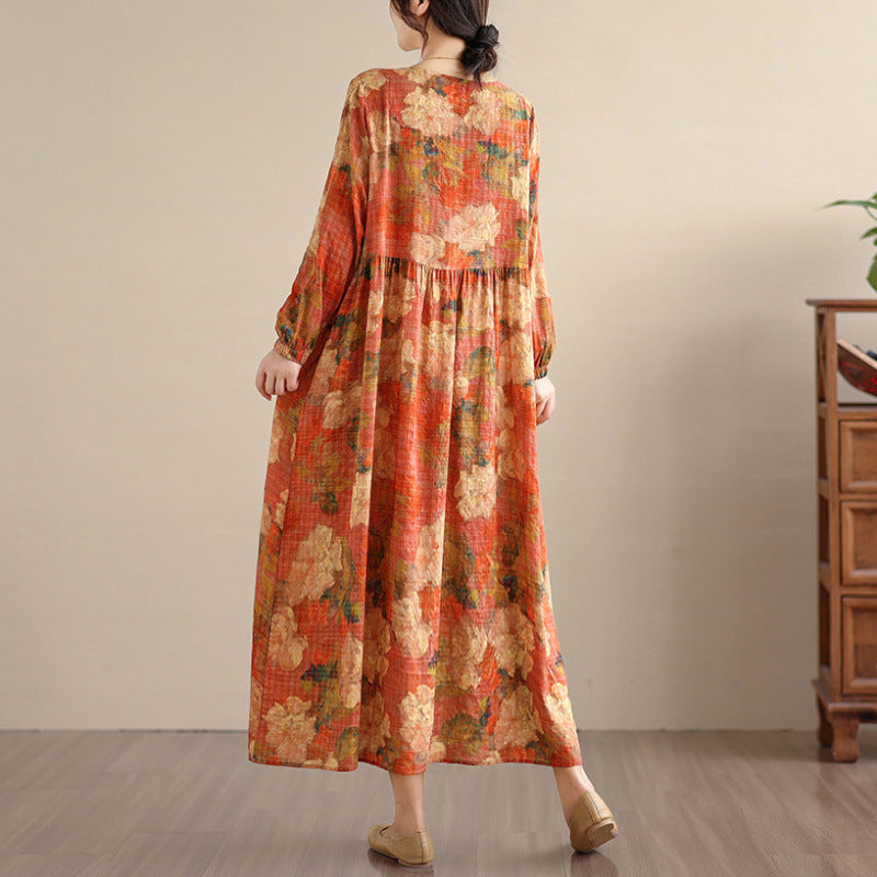 Bohemian Print Linen Maxi Long Sleeve Flowy Dress