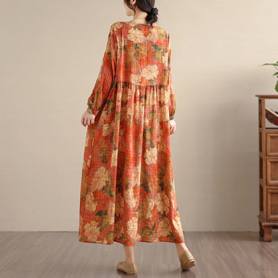 Bohemian Print Linen Maxi Long Sleeve Flowy Dress