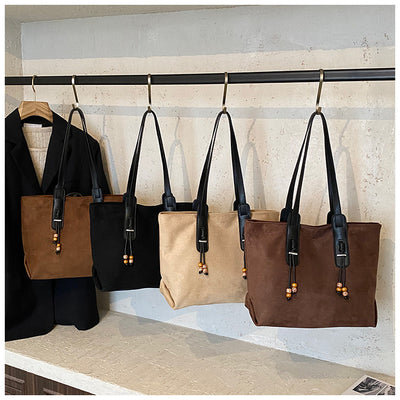 Sueded Big Size Leather Straped Beaded Tassel Casual T-o-t-e B-a-g