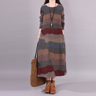 Autumn Cotton Linen Round Neck Loose Patchwork Casual A-Line Dress