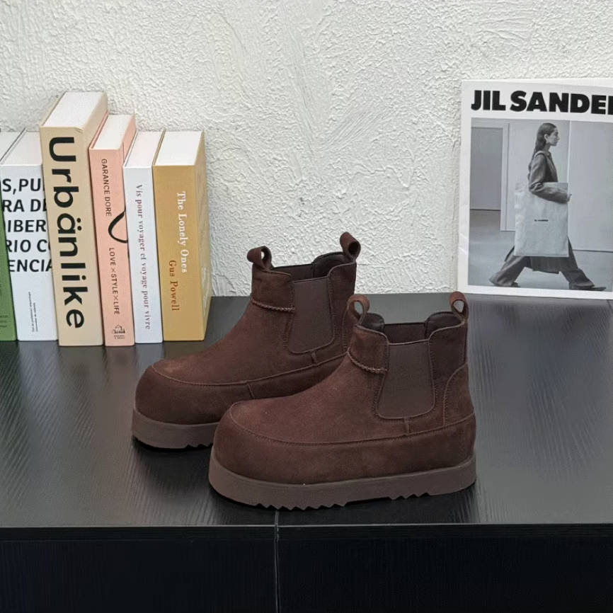 Leather Sueded Round Toe Platform Flat Sole Warm Plush Elastic Boots