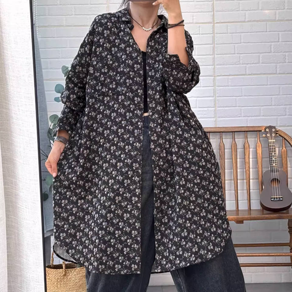 Cotton Floral Printed Plus Size Loose Long Shirt Outwear