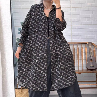 Cotton Floral Printed Plus Size Loose Long Shirt Outwear