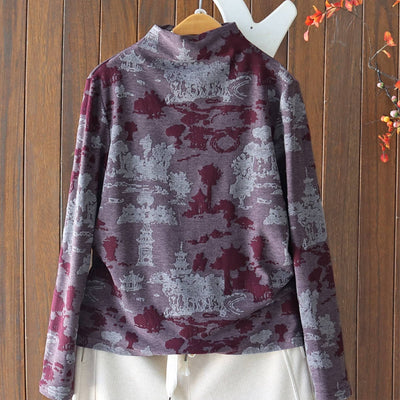 Women Cotton Jacquard High Neck Long Sleeves Plush Pullover