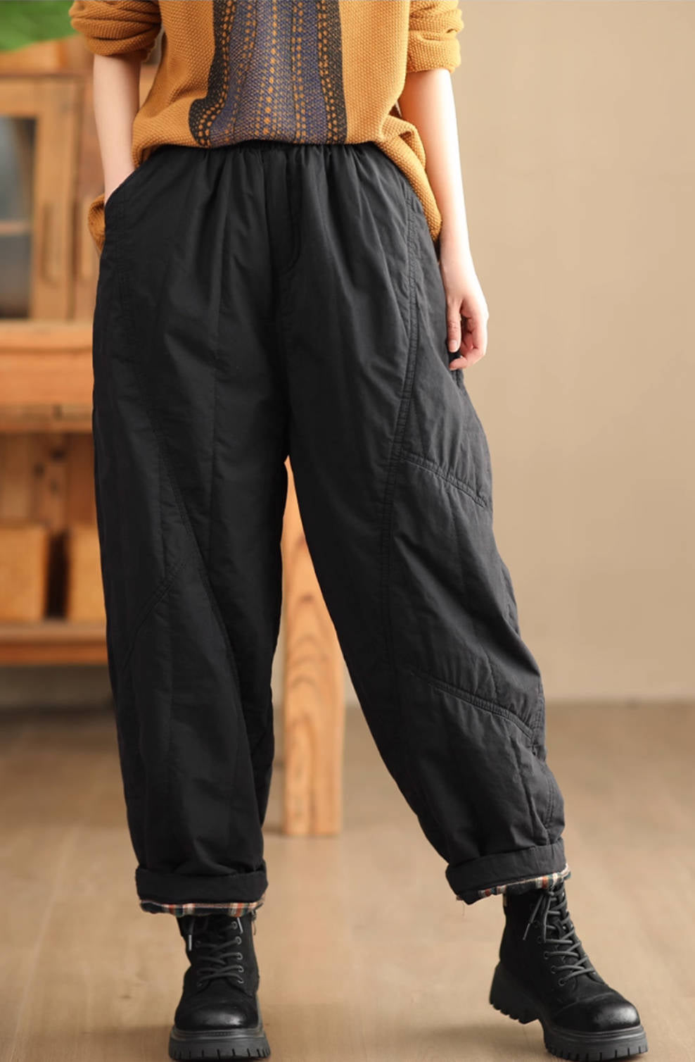 Winter Warm Cotton-In Loose Elastic Waist Wide Leg Pants