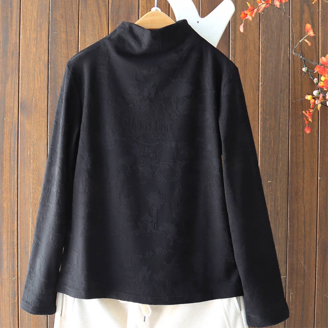 Women Cotton Jacquard High Neck Long Sleeves Plush Pullover