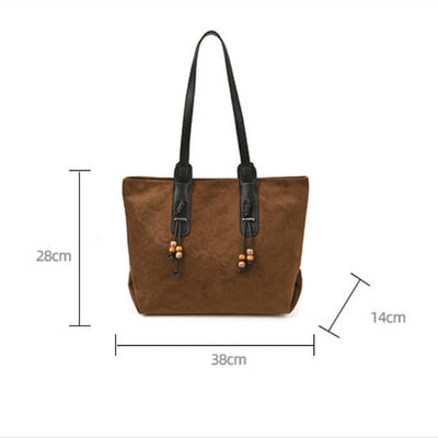 Sueded Big Size Leather Straped Beaded Tassel Casual T-o-t-e B-a-g