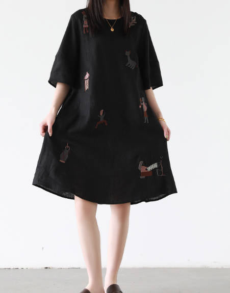 Women Casual Embroidered Linen Round Neck Loose Fit Dress – Babakud