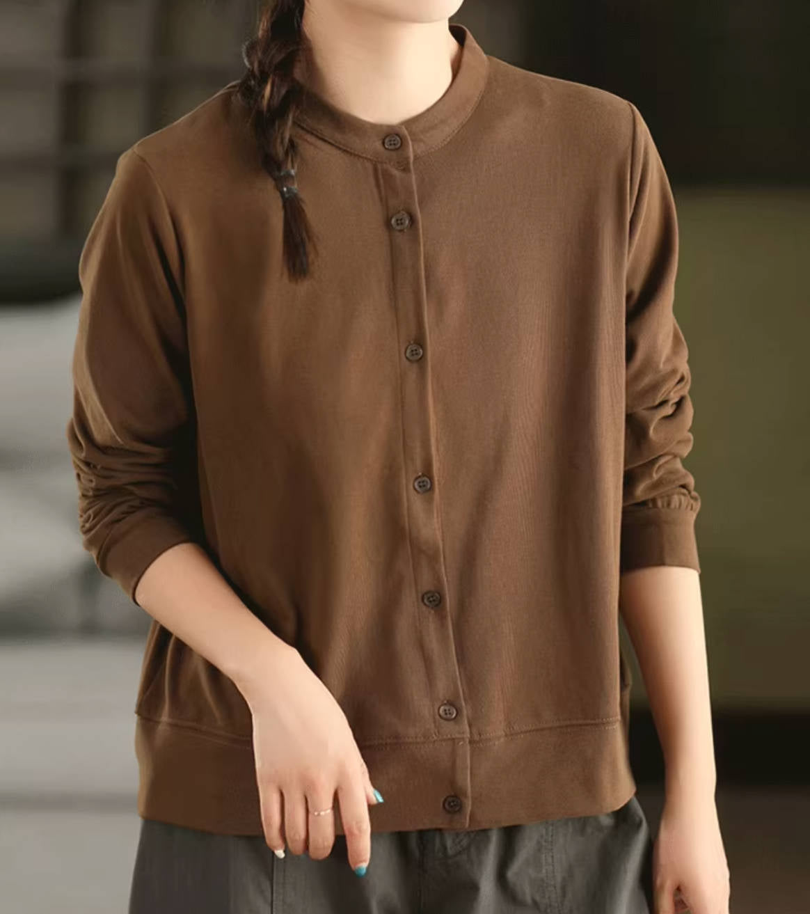 Retro 100% Cotton Round Neck Single-Breasted Shirt