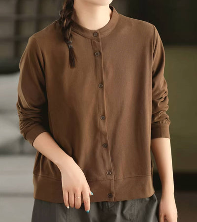 Retro 100% Cotton Round Neck Single-Breasted Shirt