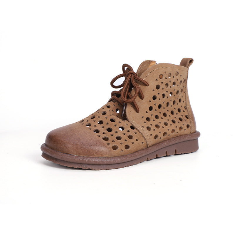 Retro Leather Hollow Breathable Closed Toe Lace-Up Boots