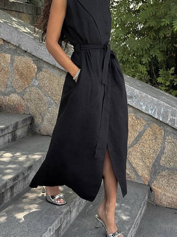 Women Sleeveless Turn-down Collar Cotton Belted Waist Split Hem Dress –  Babakud