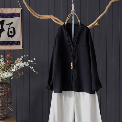 Linen Casual V-Neck Long Sleeves Loose Versatile Shirt