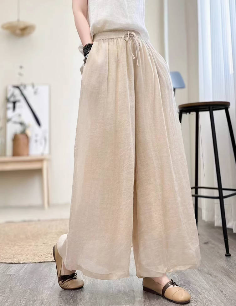 Women Retro Linen Loose Solid Color Wide Leg Lace-Up Pants
