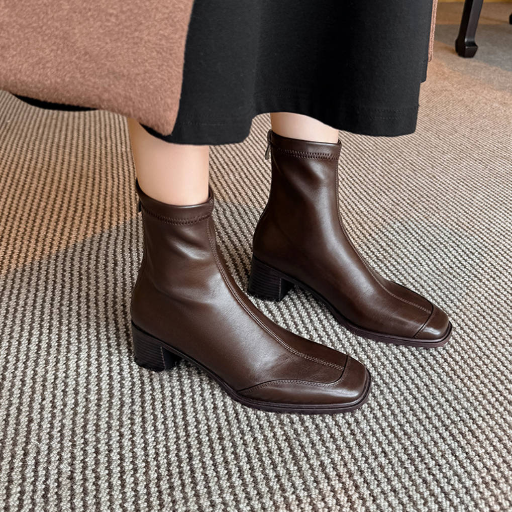 Leather Casual Square Toe Patchwork Chunky Zipper Mid-Calf Boots