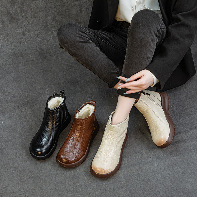 Winter Retro Leather Round Toe Wool-Lined Zipper Ankle Boots