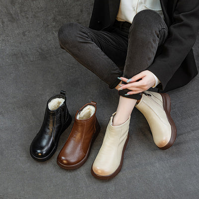 Winter Retro Leather Round Toe Wool-Lined Zipper Ankle Boots