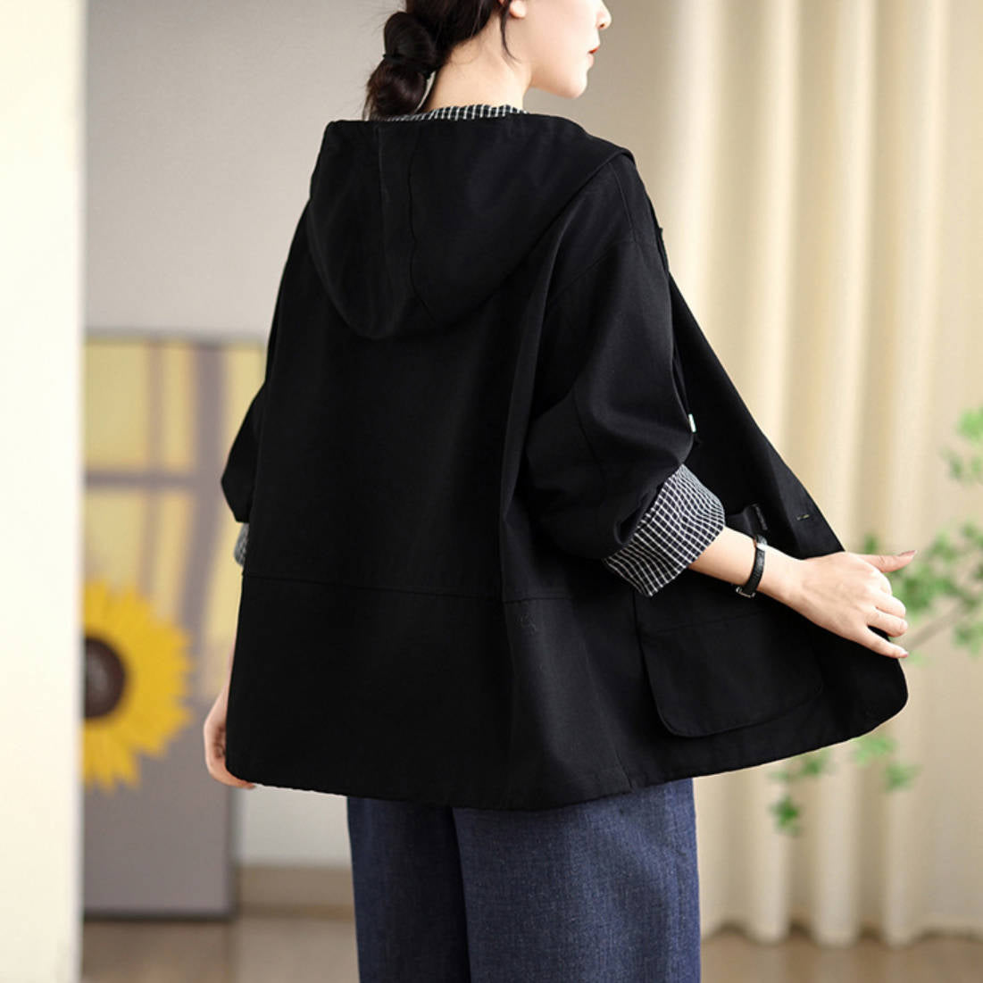 Plaid Patchwork Hooded Windbreaker Long Sleeve Loose Coat