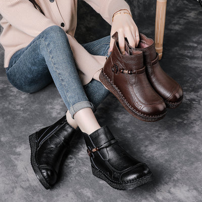 Top Leather Round Toe Casual Soft Sole Zipper Plush Ankle Boots