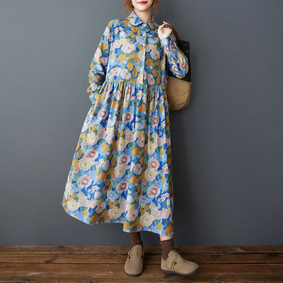 Babakud Women Spring Retro Colorful Floral Corduroy Long Dress