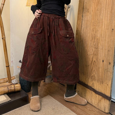 Women Winter Vintage Casual Corduroy Printed Straight Pants with Large Pockets